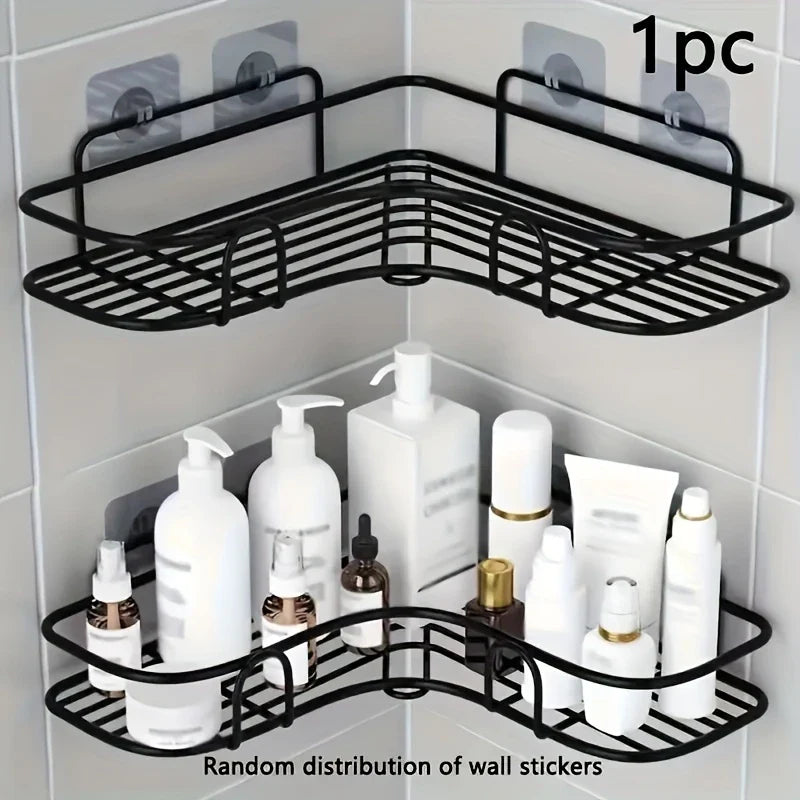 1pc Wrought Iron Wall Hanging Bathroom Shelf, Corner, No Drill, for Bathroom