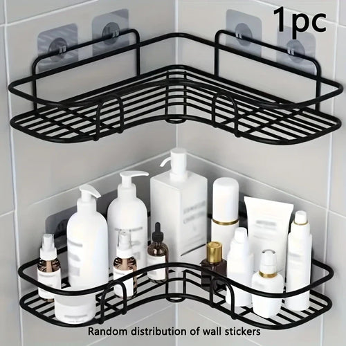 1pc Wrought Iron Wall Hanging Bathroom Shelf, Corner, No Drill, for Bathroom